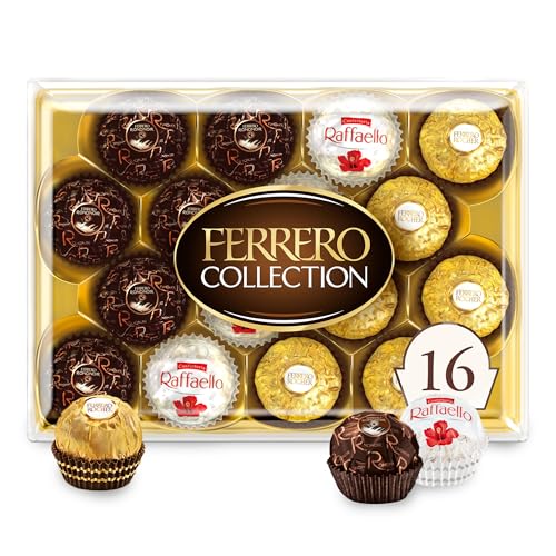 Ferrero Collection box featuring an assortment of chocolates: Ferrero Rocher, Ferrero Rondnoir, and Raffaello, with a total of 16 pieces.