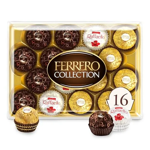 Ferrero Collection box featuring an assortment of chocolates: Ferrero Rocher, Ferrero Rondnoir, and Raffaello, with a total of 16 pieces.