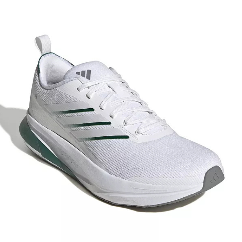 A white athletic shoe with dark green accents and the Adidas logo on the tongue, featuring a mesh upper and cushioned sole for comfort.