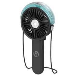 Handheld fan with a black base and a turquoise water container on top, featuring a circular vent and a wrist strap on the side.