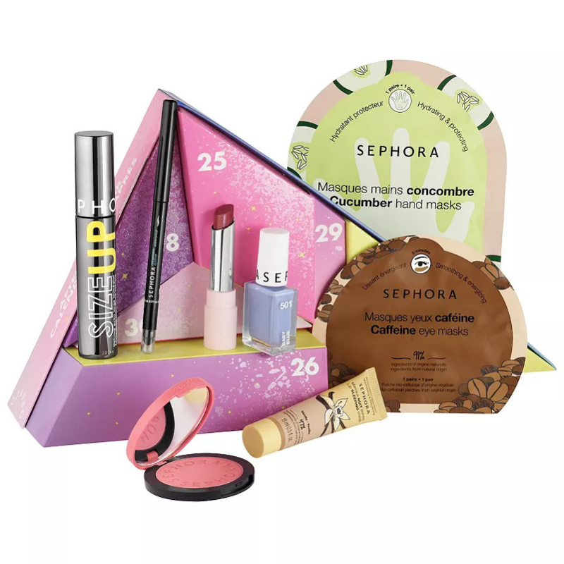 A collection of Sephora cosmetics, including lipsticks, masks, and beauty products, displayed against a pink and purple packaging backdrop.