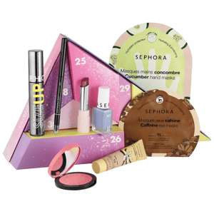 A collection of Sephora cosmetics, including lipsticks, masks, and beauty products, displayed against a pink and purple packaging backdrop.