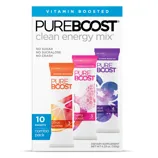 PureBoost clean energy mix, a vitamin-boosted supplement, includes no sugar, no sucralose, and no crash. The combo pack contains 10 packets in flavors: Citrus Sunrise, Berry Boost, and Açaí Alert. Net weight: 4.23 oz (120g).