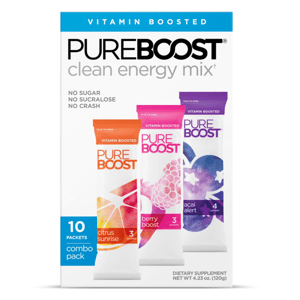 PureBoost clean energy mix, a vitamin-boosted supplement, includes no sugar, no sucralose, and no crash. The combo pack contains 10 packets in flavors: Citrus Sunrise, Berry Boost, and Açaí Alert. Net weight: 4.23 oz (120g).