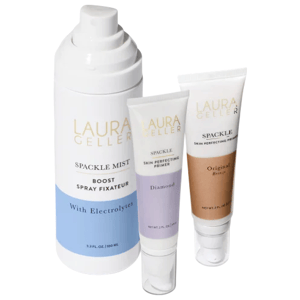 Laura Geller Spackle collection includes: Boost Spray Fixateur with Electrolytes (3.2 fl oz, 100 ml), Skin Perfecting Primer in Diamond, and Original Bronze.