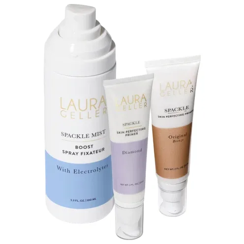 Laura Geller Spackle collection includes: Boost Spray Fixateur with Electrolytes (3.2 fl oz, 100 ml), Skin Perfecting Primer in Diamond, and Original Bronze.