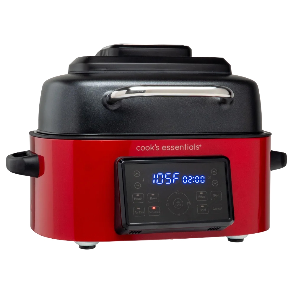 Red Cook's Essentials Air Fryer Grill with digital display, buttons for roast, bake, air fry, and grill functions. Includes a black lid and handles.
