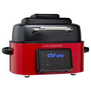 Red Cook's Essentials Air Fryer Grill with digital display, buttons for roast, bake, air fry, and grill functions. Includes a black lid and handles.