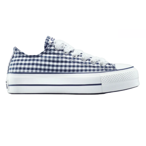 Converse Platform Gingham Shoes are low-top sneakers with a blue and white gingham pattern. They feature a thick white platform sole with blue accents and white laces.