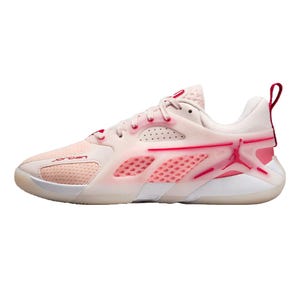 A pink and white Jordan sneaker with mesh panels, a translucent overlay, red accents, and the Jumpman logo on the side.