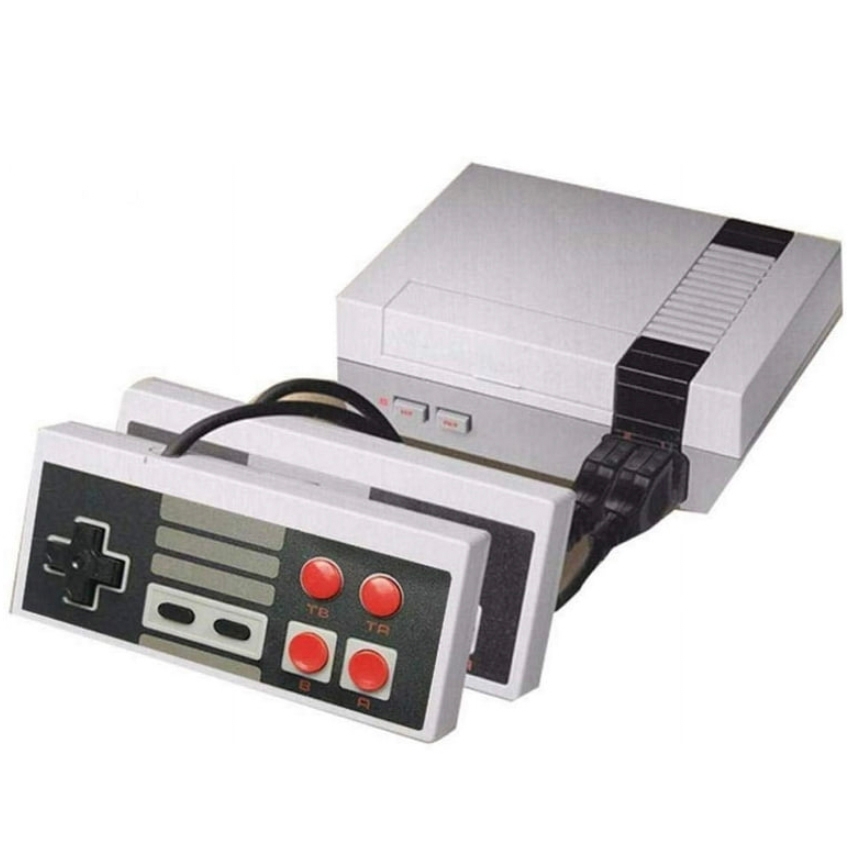 This is a photo of a classic NES (Nintendo Entertainment System) console with its rectangular controller featuring a simple design with a directional pad and two red action buttons.
