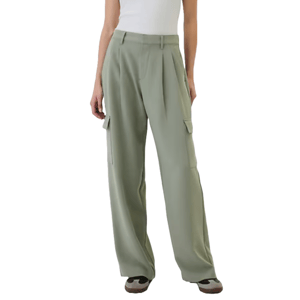 Light green wide-leg cargo trousers with front pleats and side pockets, featuring a relaxed fit and belt loops at the waist.