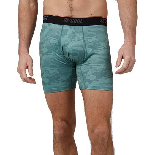 Men's green camouflage print boxer briefs with a \“32° Cool\“ waistband.