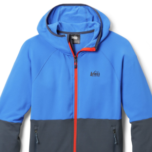 Blue and gray REI Co-op Flash Hyperstretch Fleece Jacket with a hood, featuring a red zipper and zippered pockets; the REI Co-op logo is displayed on the chest.