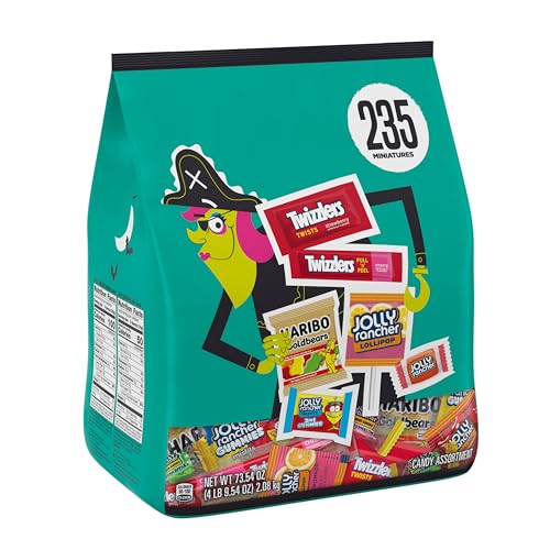 A vibrant teal bag featuring an assortment of individually wrapped candies, including Twizzlers, Jolly Rancher, Haribo, and Milk Duds, totaling 235 pieces.