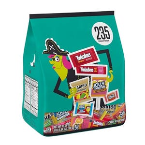 A vibrant teal bag featuring an assortment of individually wrapped candies, including Twizzlers, Jolly Rancher, Haribo, and Milk Duds, totaling 235 pieces.