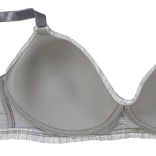 Gray t-shirt bra with a contrasting white trim, featuring molded cups and an adjustable strap.