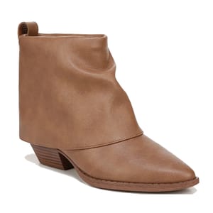 A brown ankle boot with a slouchy design and a low stacked heel.