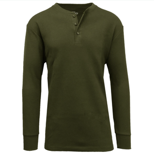 Olive green long-sleeve henley shirt with three buttons.