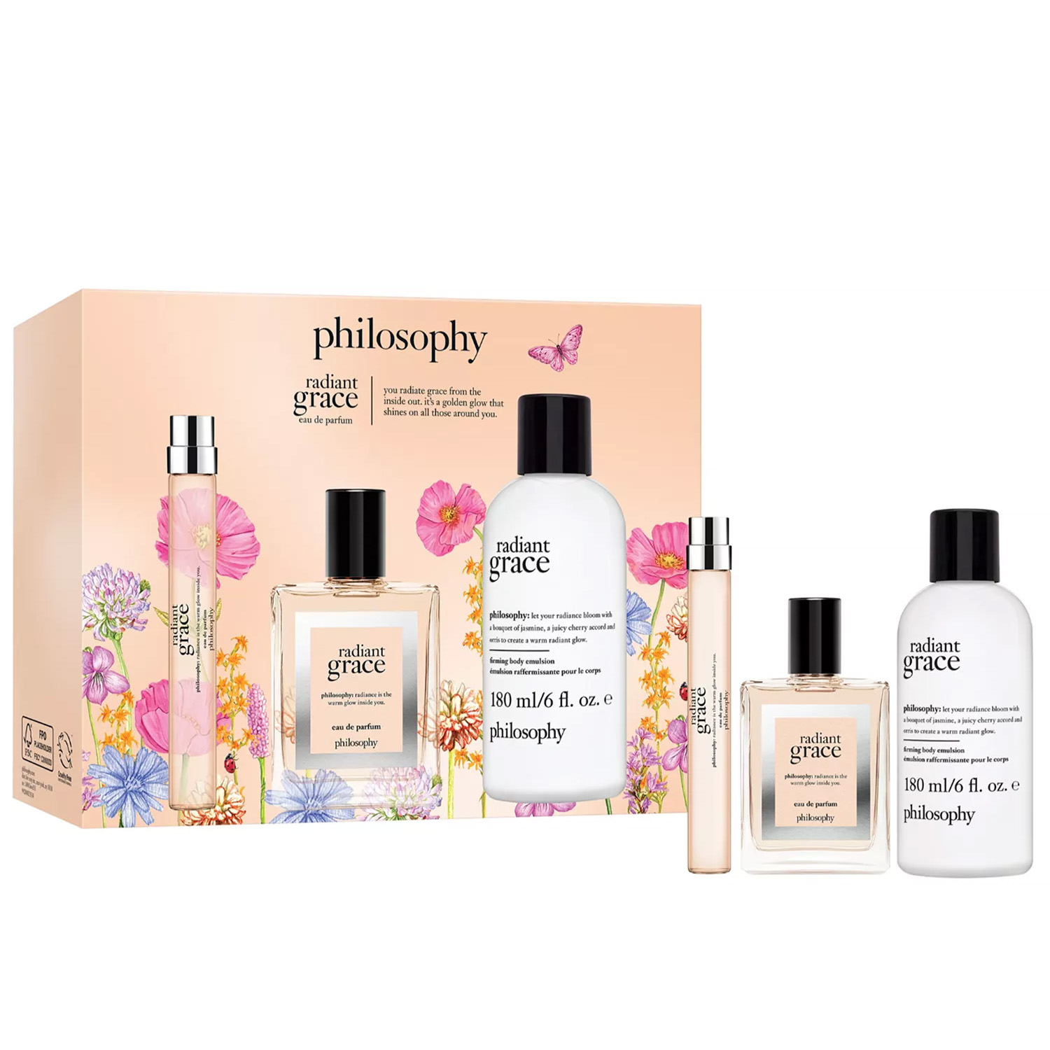 Philosophy Radiant Grace set includes an eau de parfum spray, rollerball, and a 180 ml body lotion. The packaging features floral designs and a light peach background.