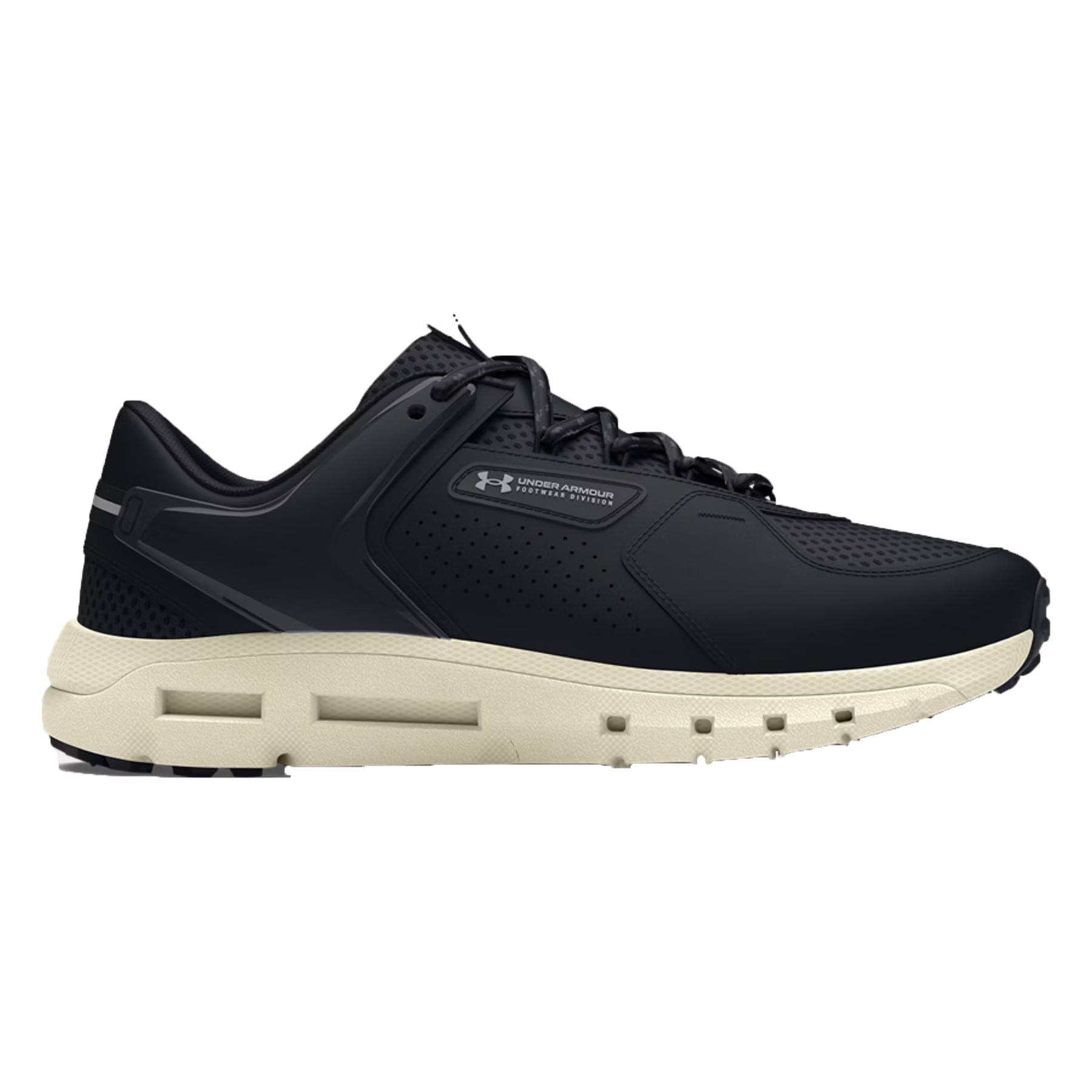 Under Armour Summit Trek Shoes are black with a perforated design, featuring a chunky off-white sole. They have a sleek, athletic style with a logo on the side.