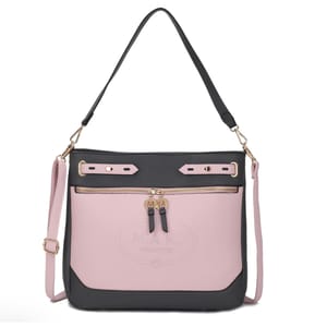 Black and pink shoulder bag with a gold-tone clasp and an adjustable strap.