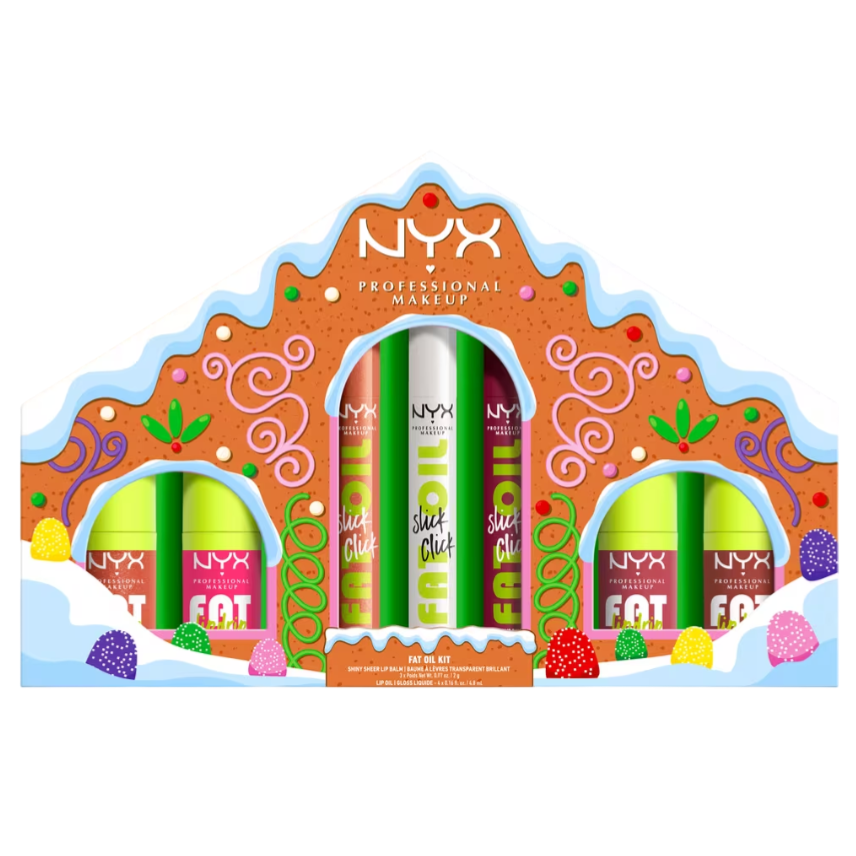 NYX Professional Makeup Fat Oil Kit features shiny sheer lip oils with a festive, gingerbread-themed packaging including colorful candies and icing decorations.