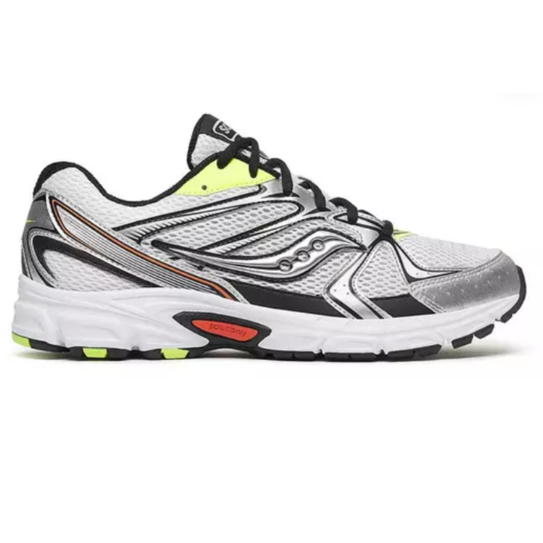 A white and gray running shoe with black and orange accents, featuring mesh material and a cushioned sole for comfort.