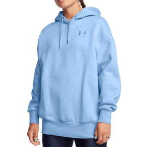 Light blue hoodie with a front logo from Under Armour, featuring a drawstring hood and ribbed cuffs and hem. The wearer pairs it with dark leggings.