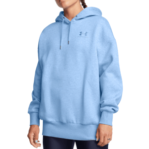 Light blue hoodie with a front logo from Under Armour, featuring a drawstring hood and ribbed cuffs and hem. The wearer pairs it with dark leggings.