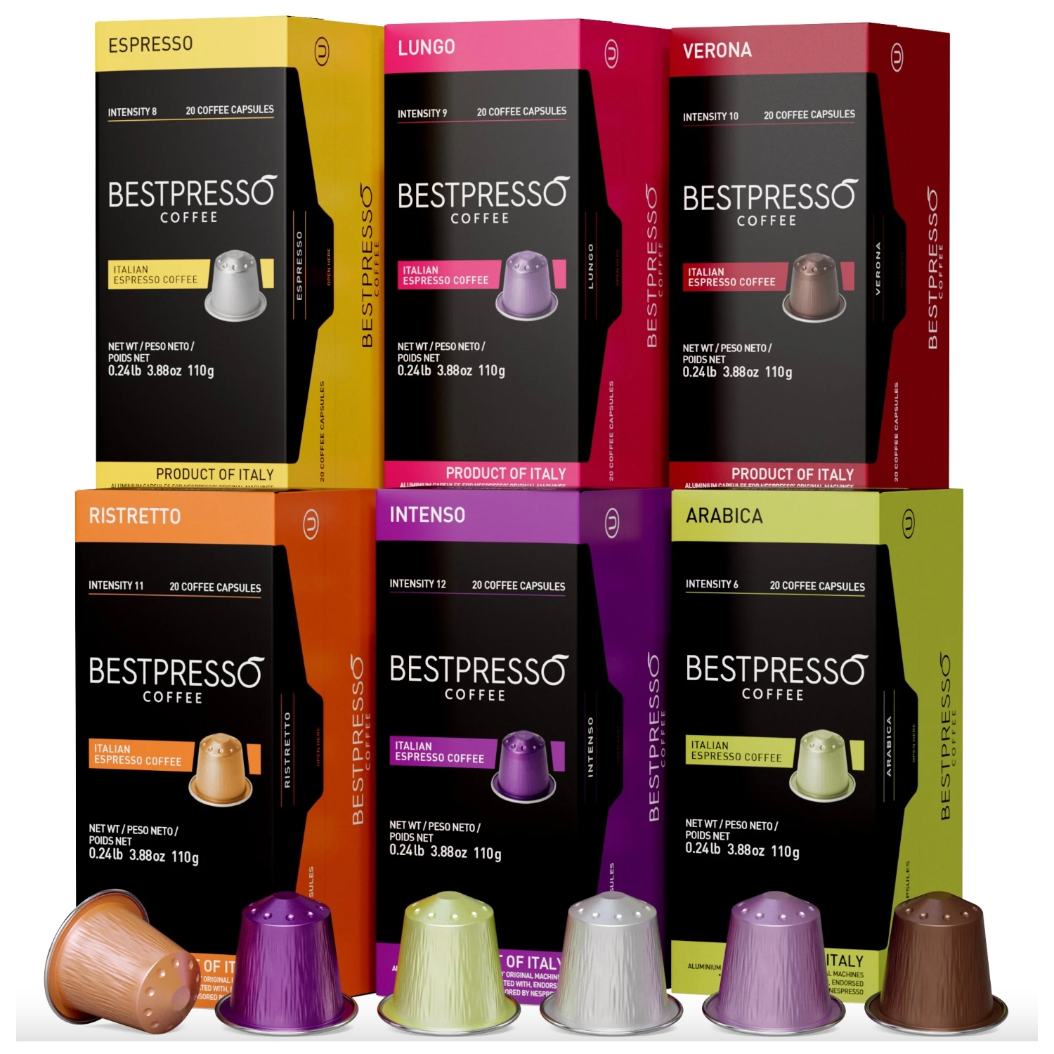 Six boxes of Bestpresso Coffee capsules in various flavors such as Espresso, Lungo, and Arabica, each holding 20 capsules for a total of 120, labeled as a product of Italy.