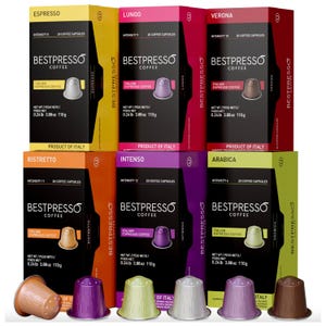 Six boxes of Bestpresso Coffee capsules in various flavors such as Espresso, Lungo, and Arabica, each holding 20 capsules for a total of 120, labeled as a product of Italy.
