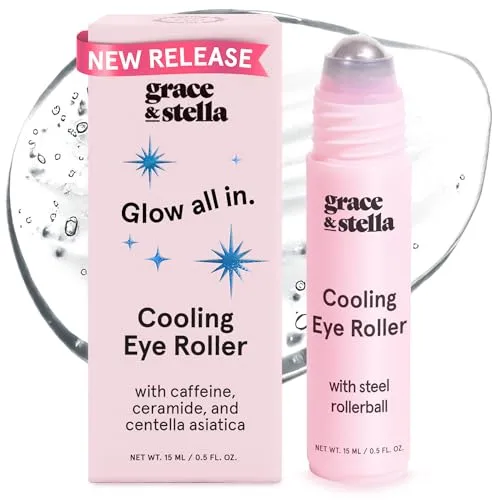 Grace & Stella Cooling Eye Roller with caffeine, ceramide, and centella asiatica for a refreshing eye treatment, featuring a steel rollerball applicator; 15 mL (0.5 fl oz).