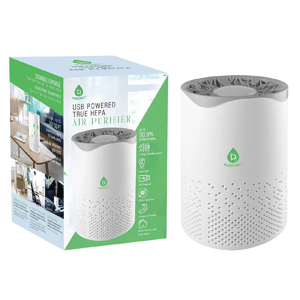 USB powered True HEPA air purifier by Pursonic, offers up to 99.9% sterilization and coverage up to 100 sq ft. Features a 3-step filtration system, night light, and is compact, portable, and ozone-free.