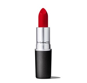 A single red lipstick with a silver and black case, likely from MAC Cosmetics given the visible logo.