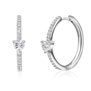 Elegant hoop earrings featuring a heart-shaped gemstone at the center, surrounded by smaller stones on a silver band.