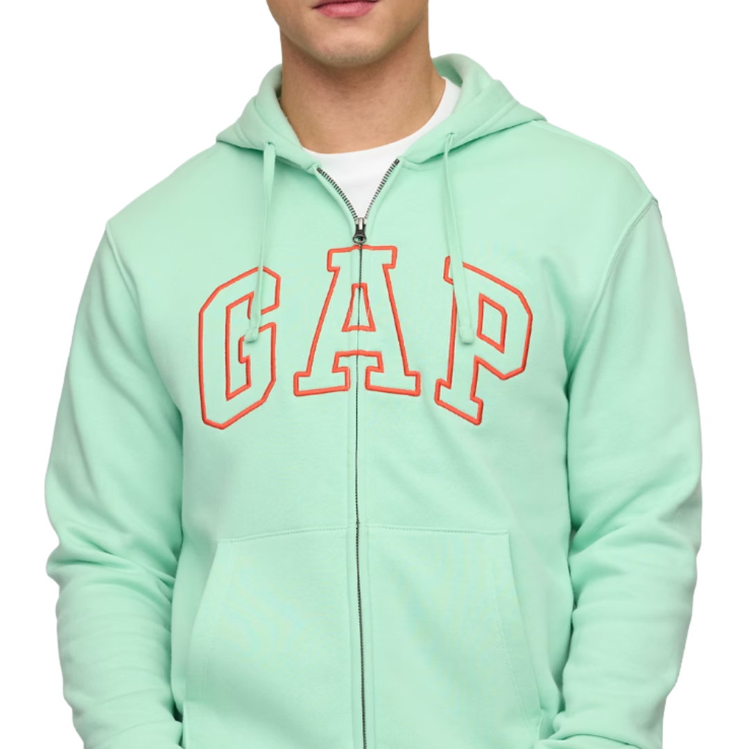 A light green GAP hoodie with red outlined letters, featuring a full front zip and drawstring hood.
