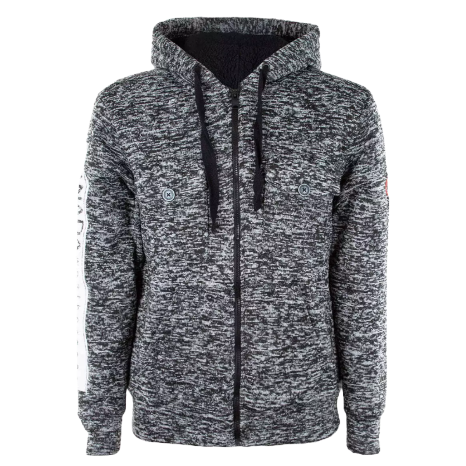 A marled black and white hoodie with a zipper front, drawstrings, and a logo on the left arm and chest buttons.