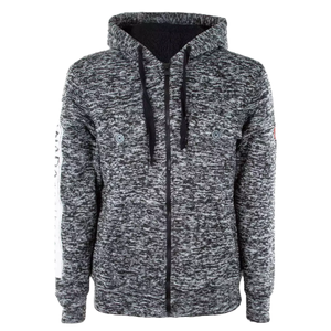 A marled black and white hoodie with a zipper front, drawstrings, and a logo on the left arm and chest buttons.