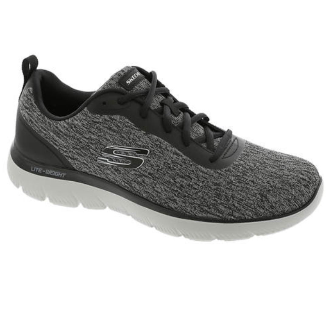 A grey knitted athletic shoe with black laces and a white sole, featuring the Skechers logo on the side.