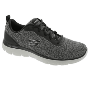 A grey knitted athletic shoe with black laces and a white sole, featuring the Skechers logo on the side.