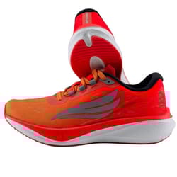 Bright orange athletic running shoes with a gray wing-like logo on the side, featuring a cushioned white midsole and red accents.