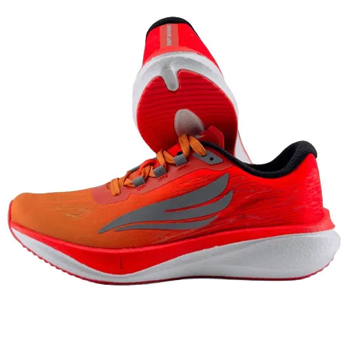Bright orange athletic running shoes with a gray wing-like logo on the side, featuring a cushioned white midsole and red accents.