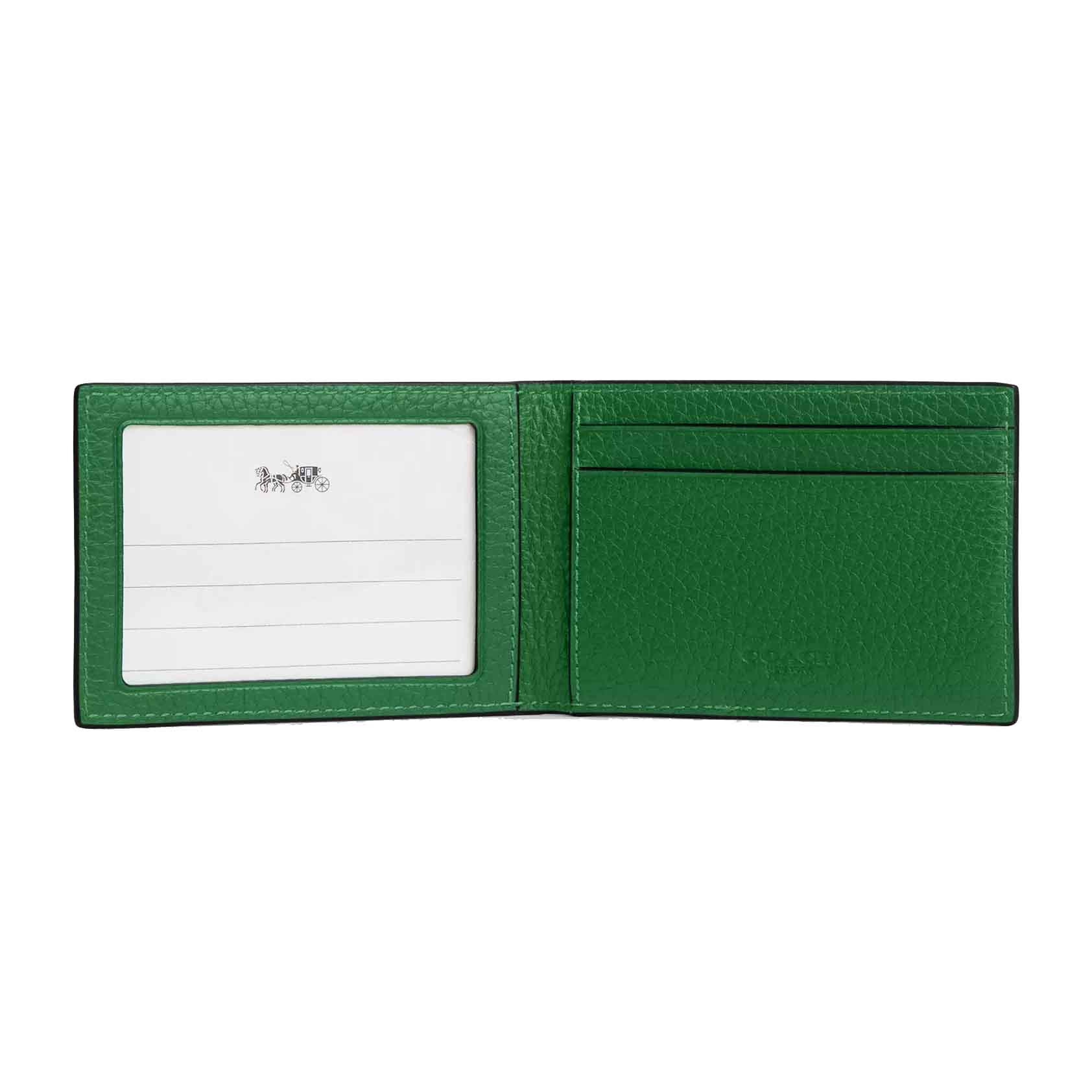 Green leather bifold wallet with two card slots and an ID window. Features a horse and carriage design on the interior and \“Coach\“ branding.