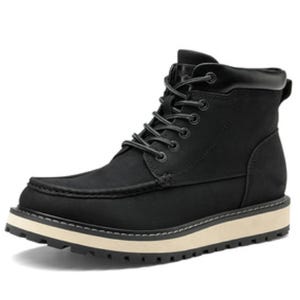 Black lace-up ankle boot with a moc toe design, featuring a light-colored cushioned sole and black treaded outsole.