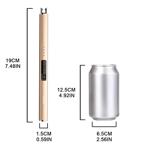 A slender, gold-colored USB flameless lighter is displayed alongside its dimensions, comparing its size to a standard beverage can for reference. Dimensions: 19cm (7.48in) height, 1.5cm (0.59in) width.