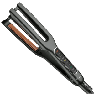 A hair straightener with multiple temperature settings, featuring a split barrel design and ceramic heating plates.