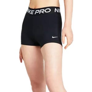 Black athletic shorts with a \“NIKE PRO\“ waistband and a small white Nike swoosh logo on the leg.