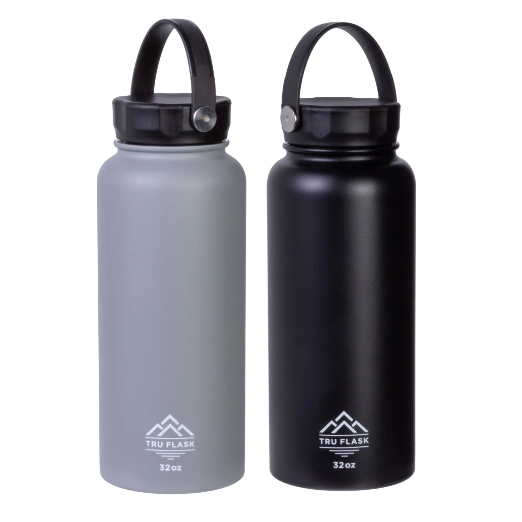 Two 32oz insulated water bottles, one gray and one black, with a handle on the lids and \“Tru Flask\“ branding at the bottom.