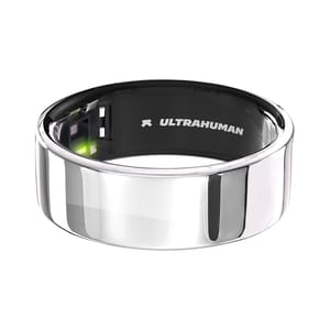 A sleek, silver Ultrahuman smart ring featuring sensors for health and fitness tracking, with the Ultrahuman logo on the interior.